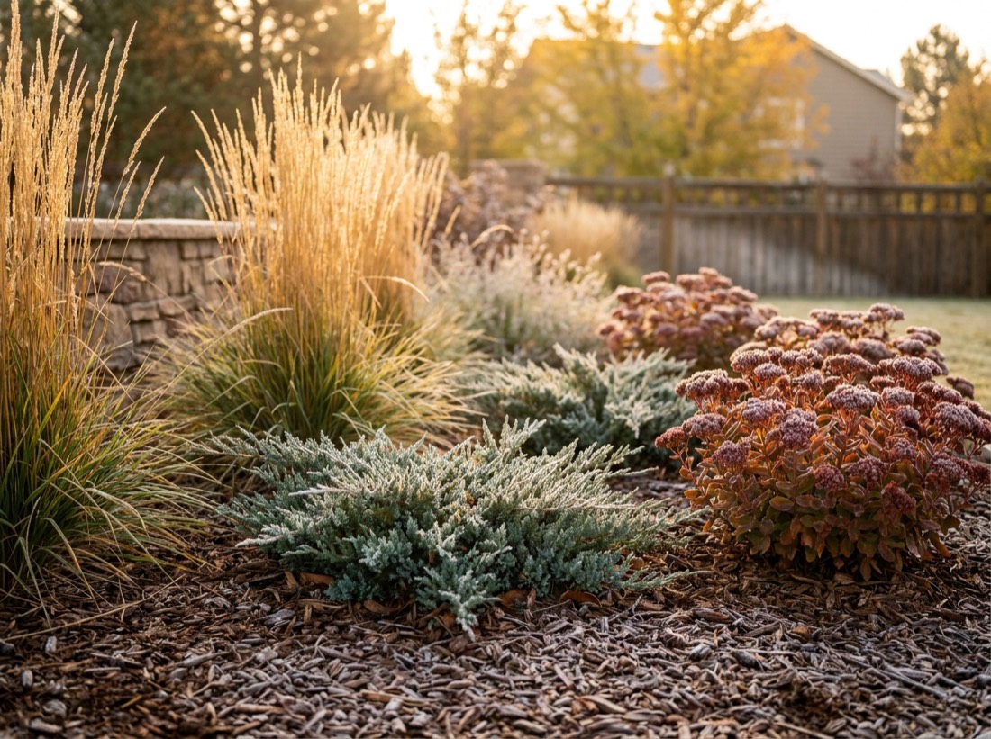 Cold-hardy ornamental grasses, sedum and juniper with morning frost in a Colorado bed