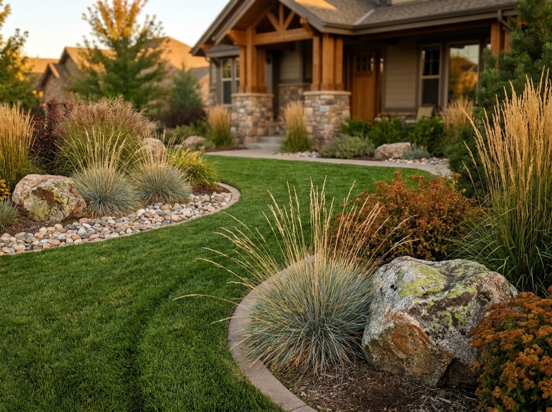 Professionally designed Colorado front yard with ornamental grasses, boulders and curved beds