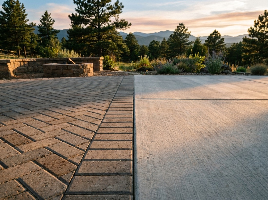 Interlocking pavers meeting a broom-finished concrete patio slab in a Colorado backyard