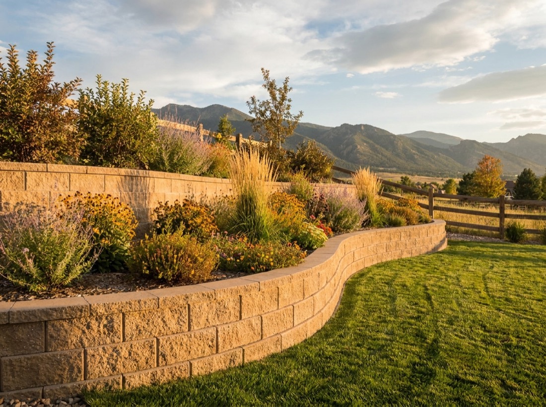 Two-tier block retaining walls terracing a sloped Colorado backyard with planted beds
