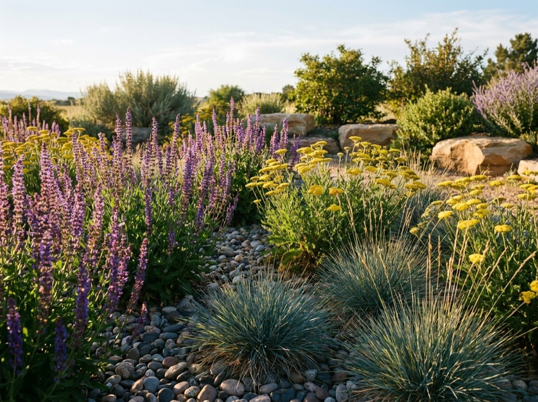 Water-wise purple sage, yarrow and blue fescue with river rock in a Colorado garden