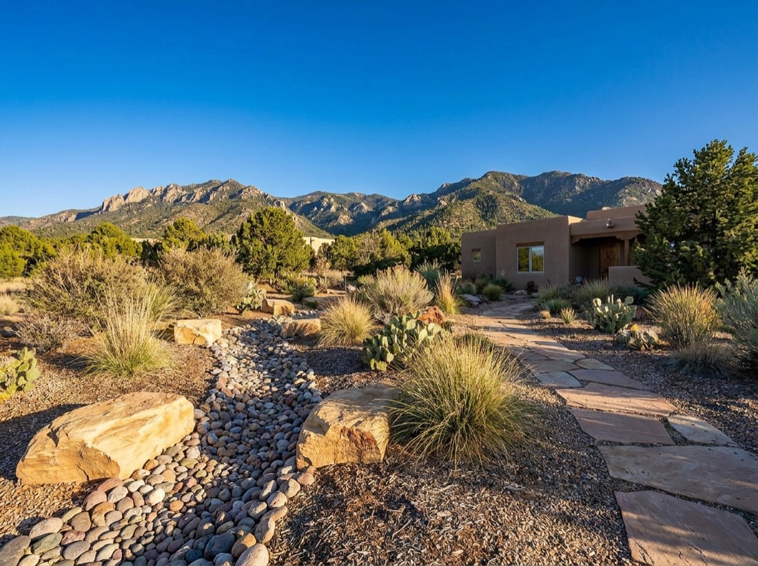 Full xeriscape front yard with dry river bed, native grasses and Colorado mountains